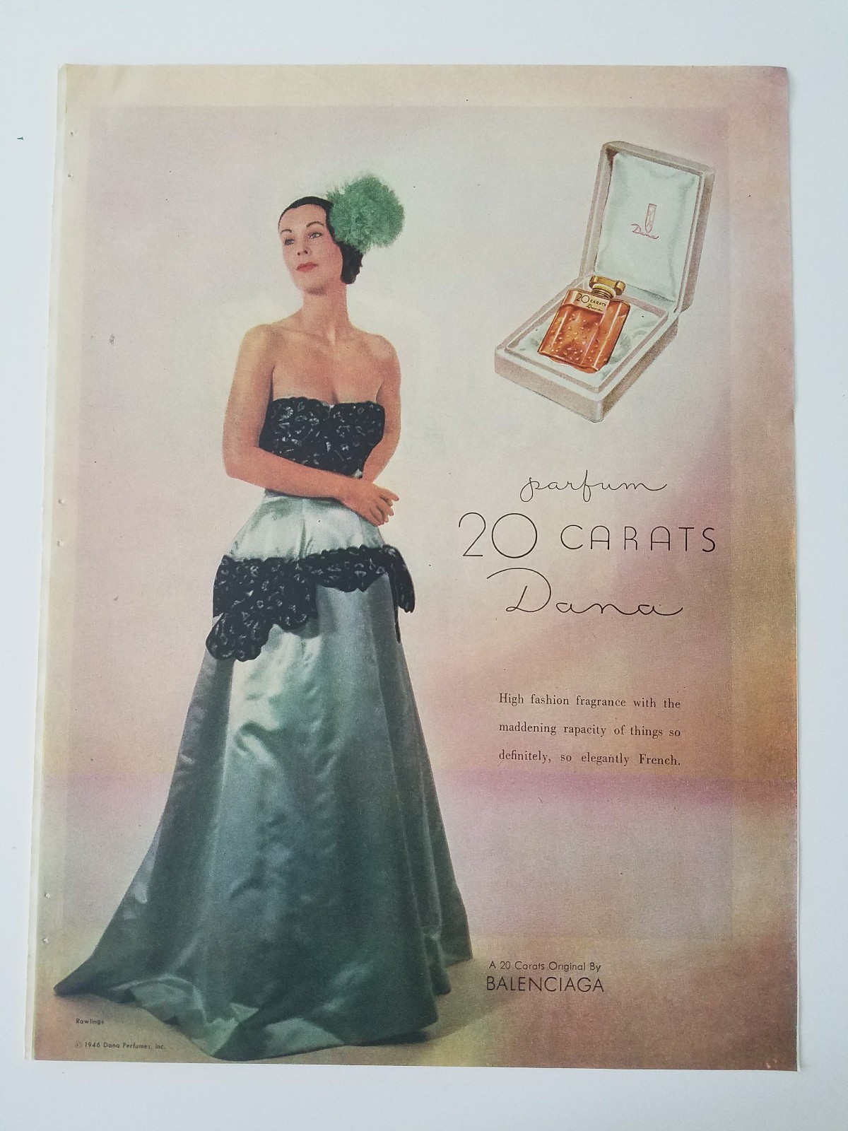 1946 Dana 20 carats perfume women's Balenciaga gown vintage Rawlings  photo ad