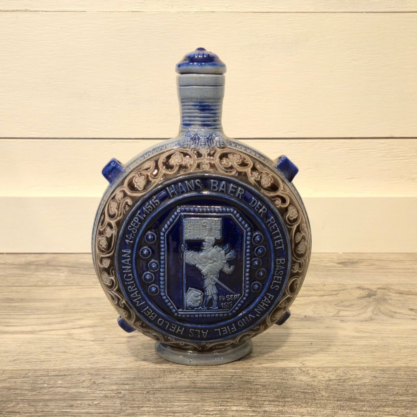 Antique Salt Glazed Ceramic Flask Hans Baer Relief Battle of Marignano 1515 READ