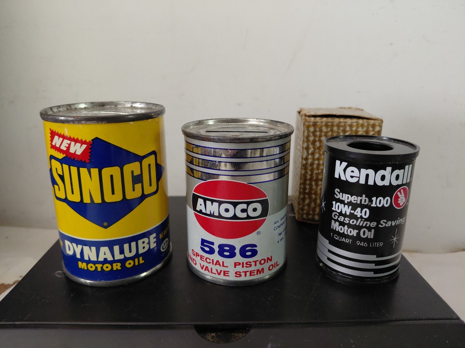 Vintage 3 Small Sunoco Dynalube Amoco Kendall Oil Can Coin Bank Clip Holder