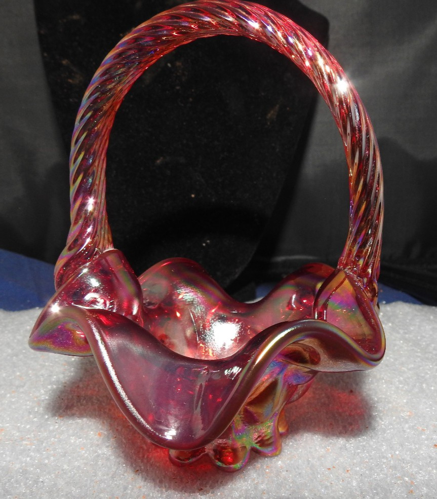 Red Iridescent  Carnival Glass Small Decorative Basket