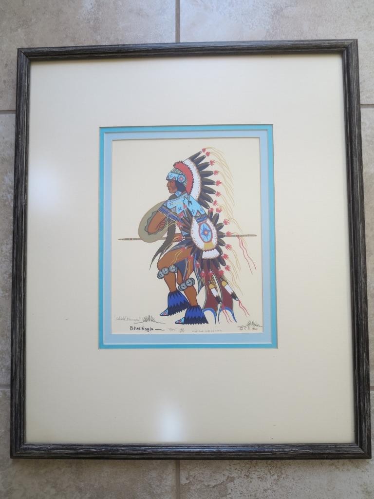Vintage Acee Blue Eagle Shield Dancer Silkscreen Watercolor Framed (#900-926)