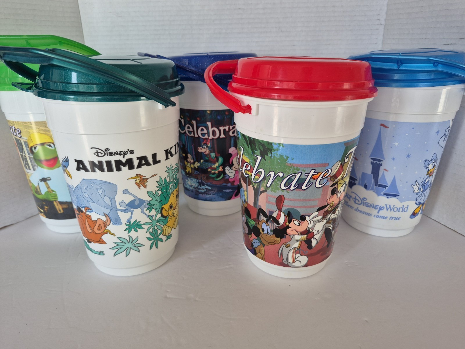5 Vtg Disney World Popcorn Buckets Lids Mickey Muppet Lion King Christmas Lot