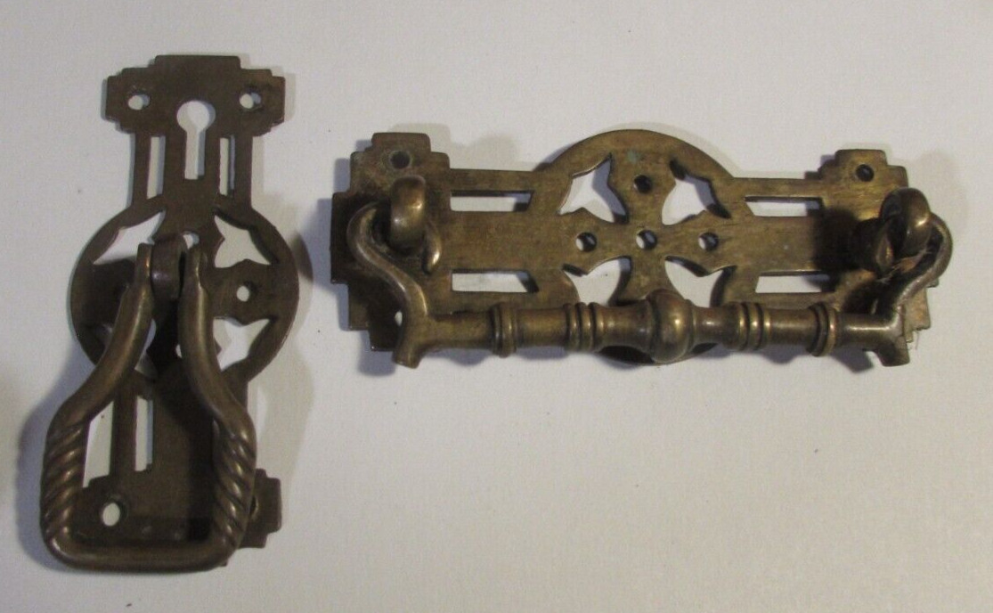 2 Antique Rectangular Brass Drawer Pull Handles Art Deco 1 with Key Hole