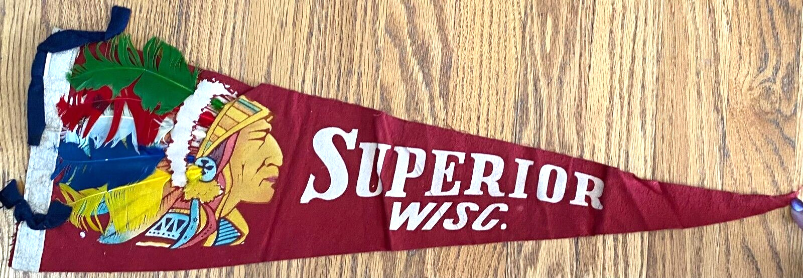 Vintage Superior Wisconsin Native American Feathers Red Felt Flag Pennant 25x8