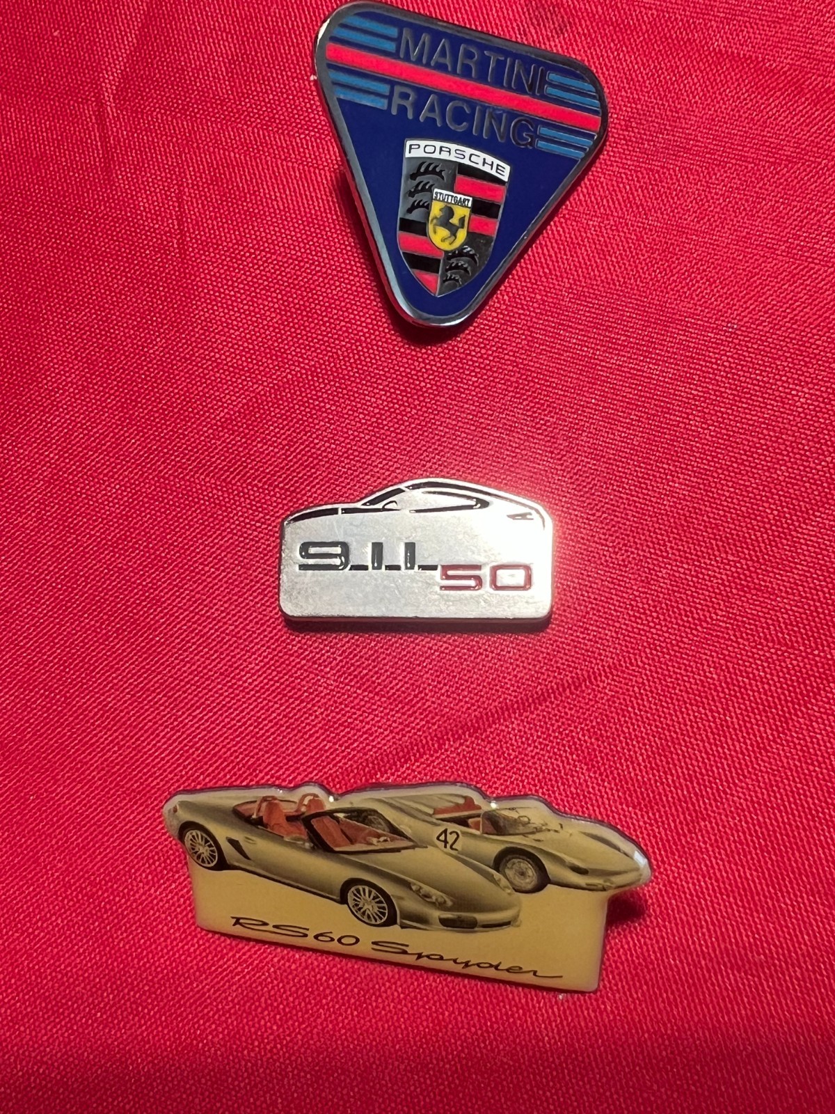 VINTAGE 3 PORSCHE CAR PINS MARTINI RACING 911 50RS 60 SPYDER