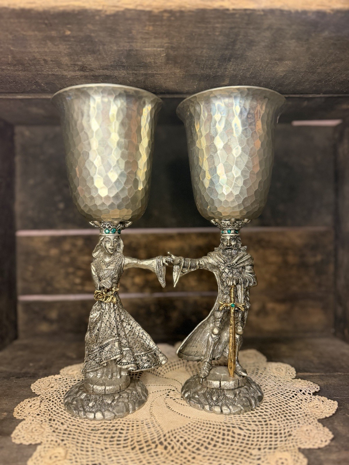 Vintage 1990 Fellowship Foundry Pewter Goblet, Queen and King Arthur & Guinevere