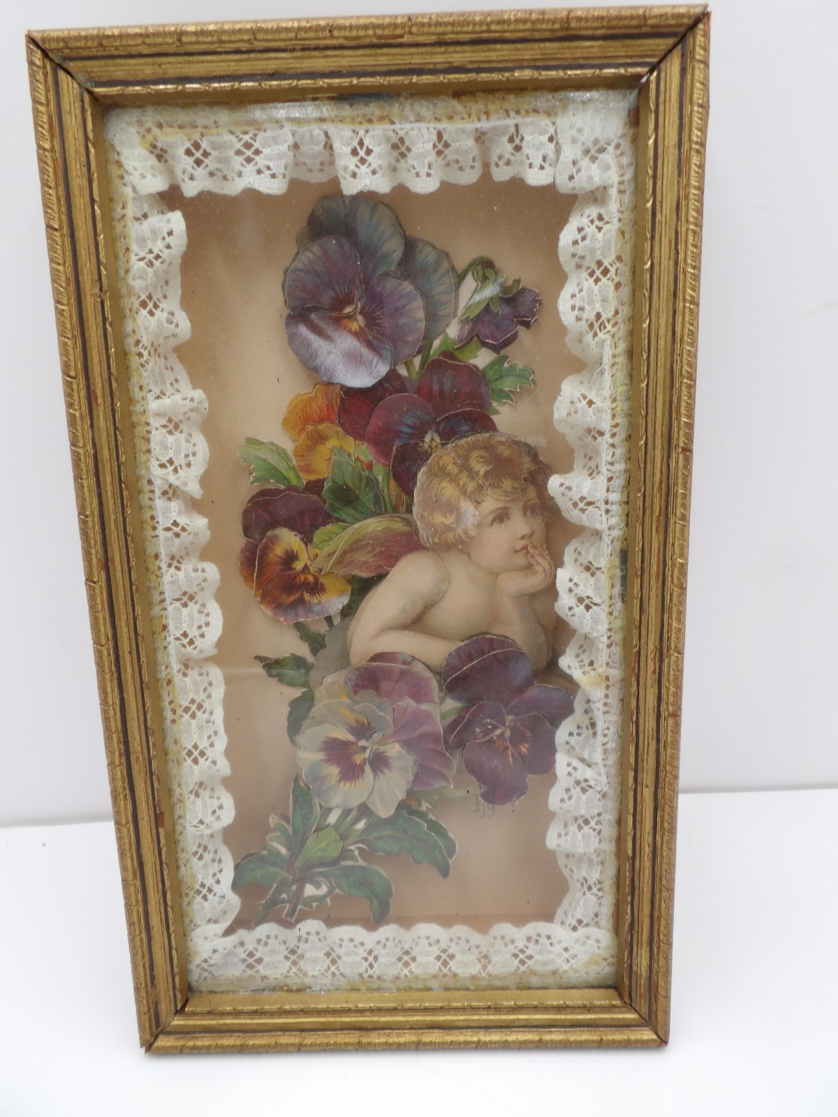Vintage Victorian Paper Scrap Cherub Pansy Shadow Box Framed Art Paper Lace 
