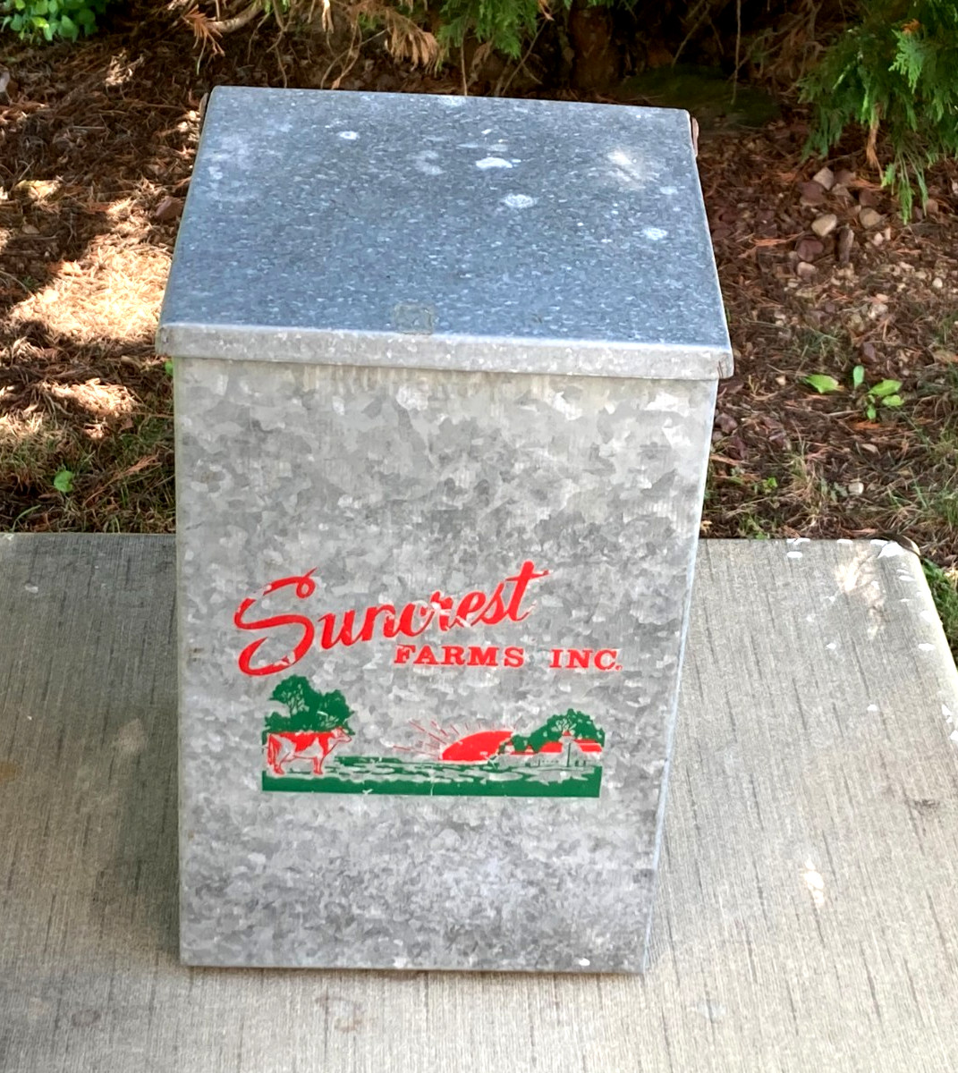 Vintage Galvanized Metal Milk Porch Box Suncrest Farms-FREE SHIP Vintage Galvanized Metal Milk Porch Box Suncrest Farms-FREE SHIP