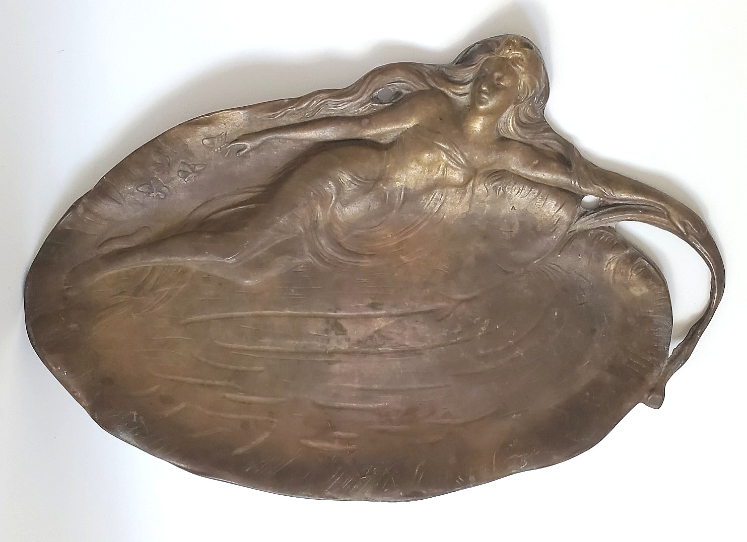 ANTIQUE SOLID BRASS ART NOUVEAU BAROQUE ELEGANT WOMAN DECORATIVE TRAY DISH 12
