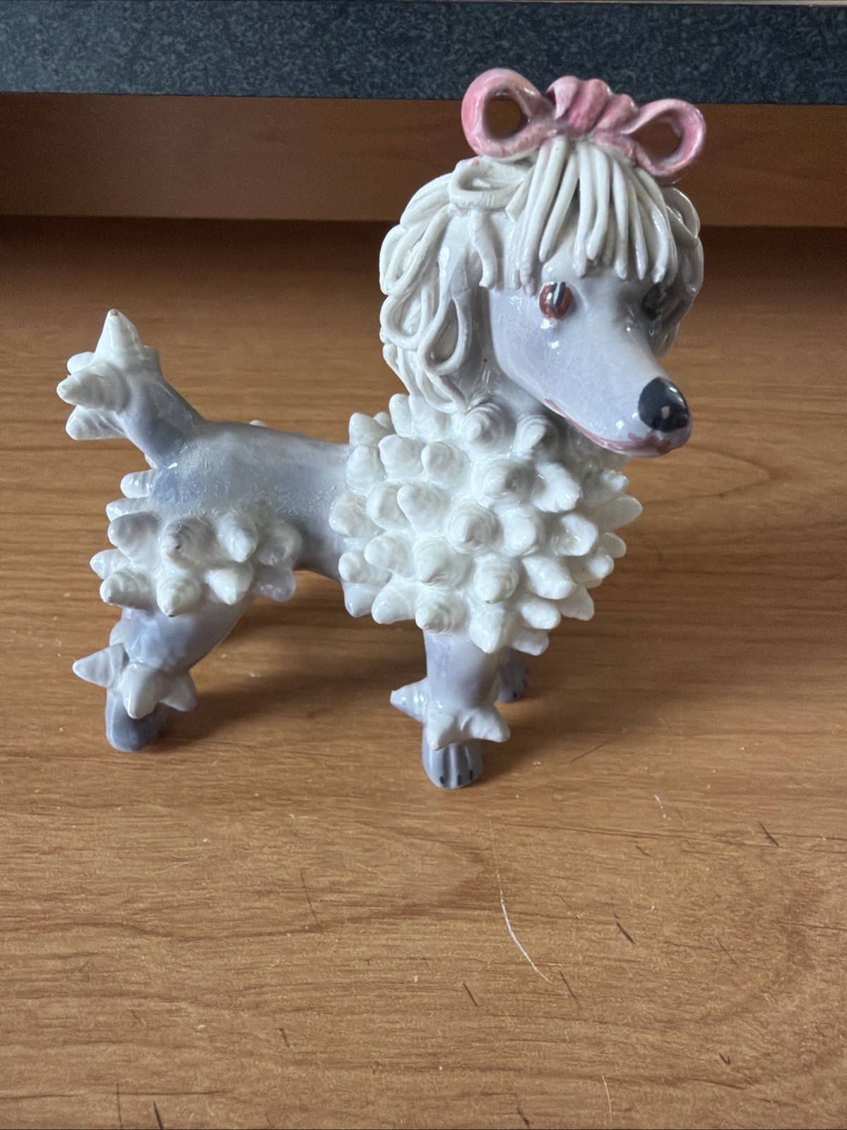 Vintage Doris Dawson Spikey Spaghetti Poodle Dog Figurine Pink Bow 4 1/2\