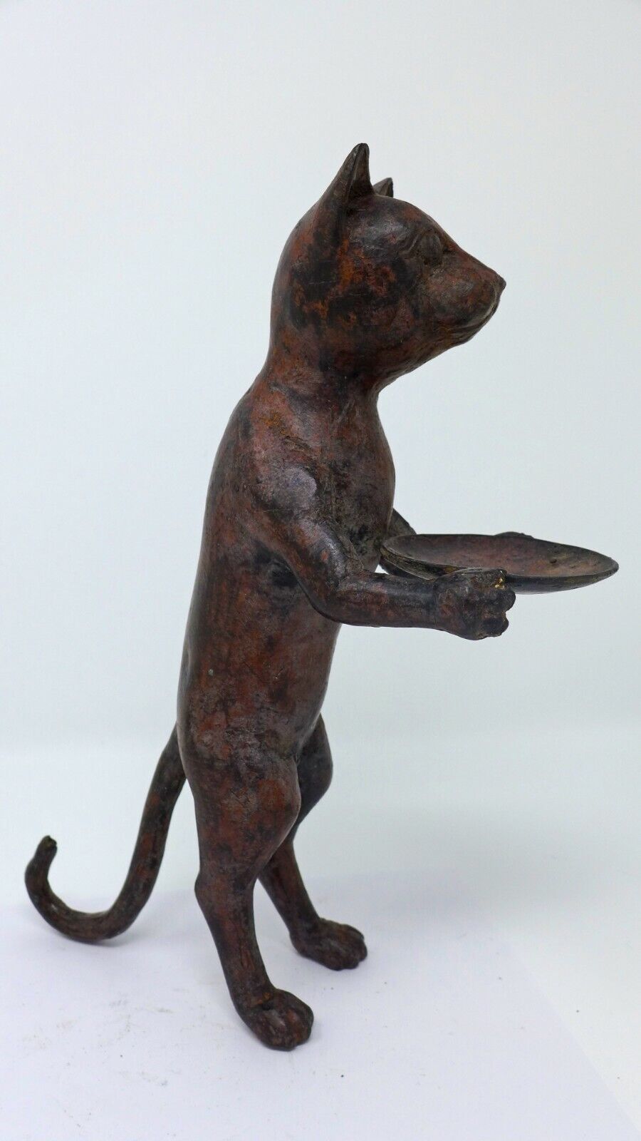 Indonesian/Balinese Handcrafted Wrought Iron Med Brown Serving Cat Tray Statue