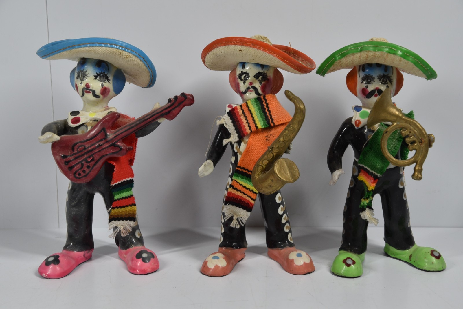 Vintage Mexico Mariachi Day of Dead Clown Musicians Band Folk Art Figurines