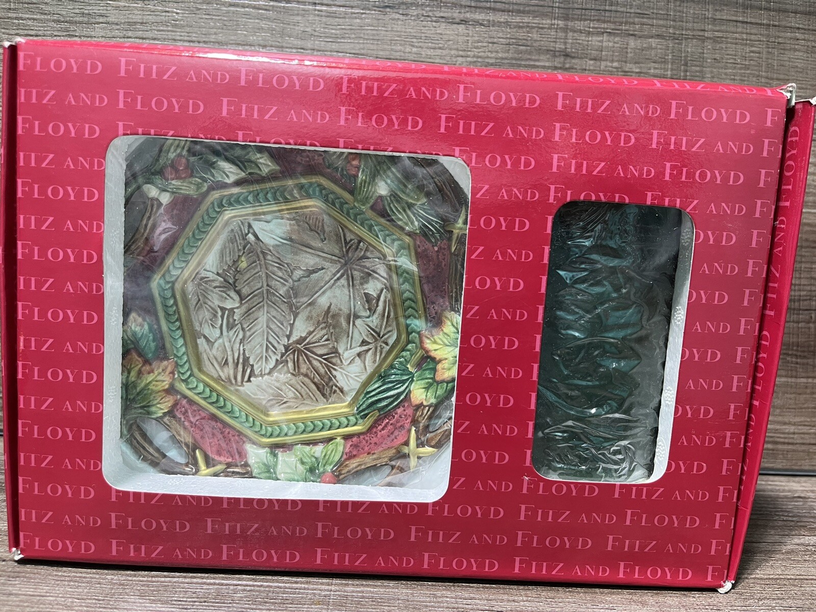 Fitz and Floyd Home Fragrance Scented Candle & Plate Gift Boxed Christmas leaves