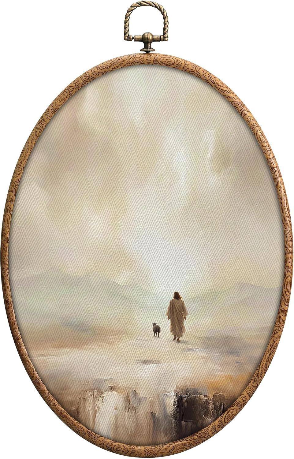 Vintage Jesus Leaves the 99 Sheep Oval Wall Art, Abstract Religious Wall Decor,