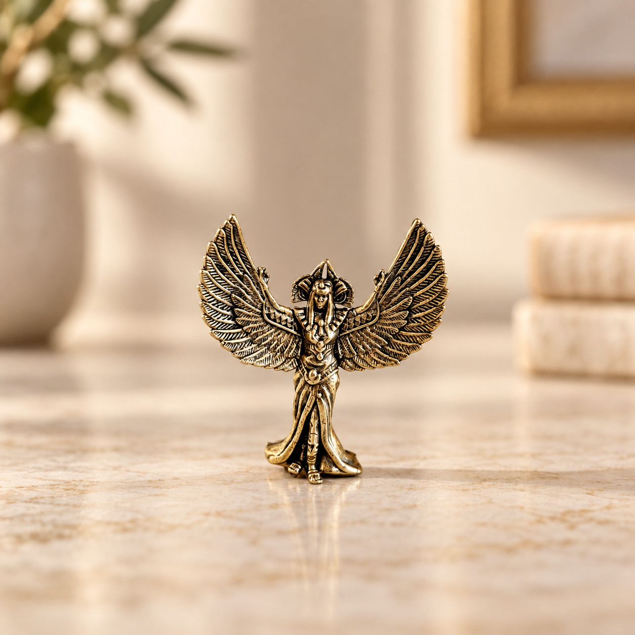 Vintage Egyptian Isis Winged Goddess Metal Figurine Antique Gold Statue 2 Inches