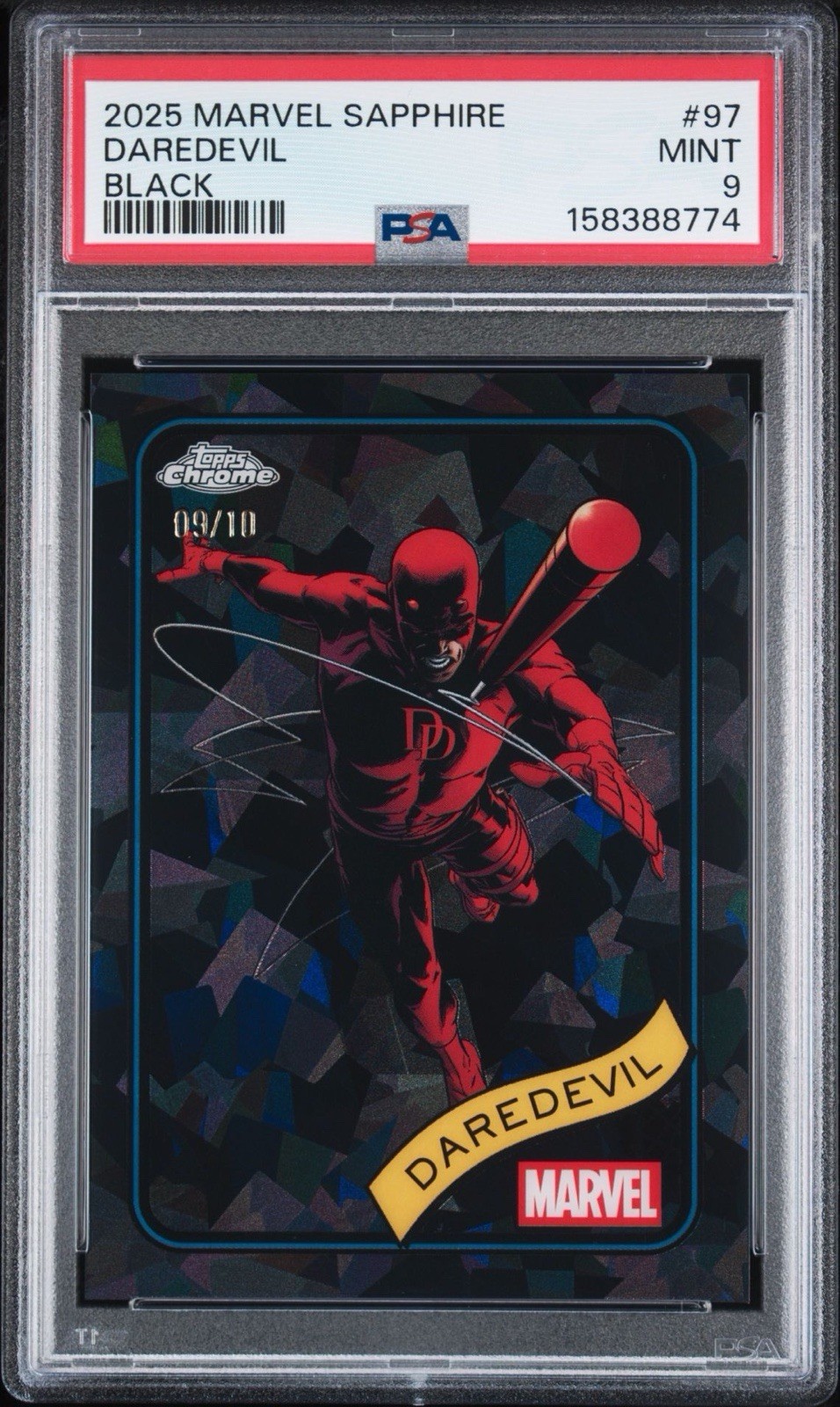 2025 Topps Chrome Marvel Sapphire Daredevil Black/10 PSA 9