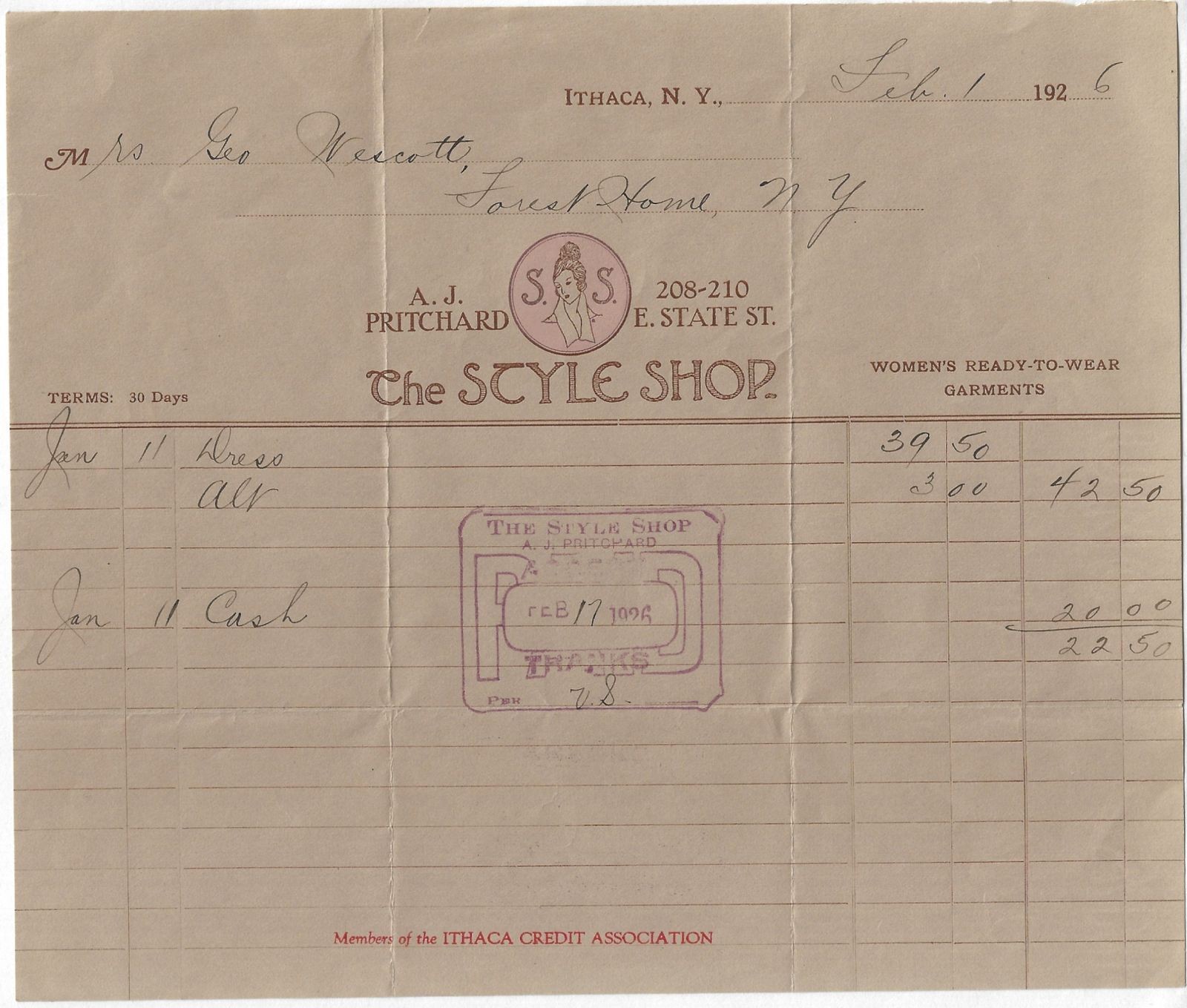 Ithaca NY Pritchard Style Shop Women Ready to Wear Fashion 1926 Vintage Billhead