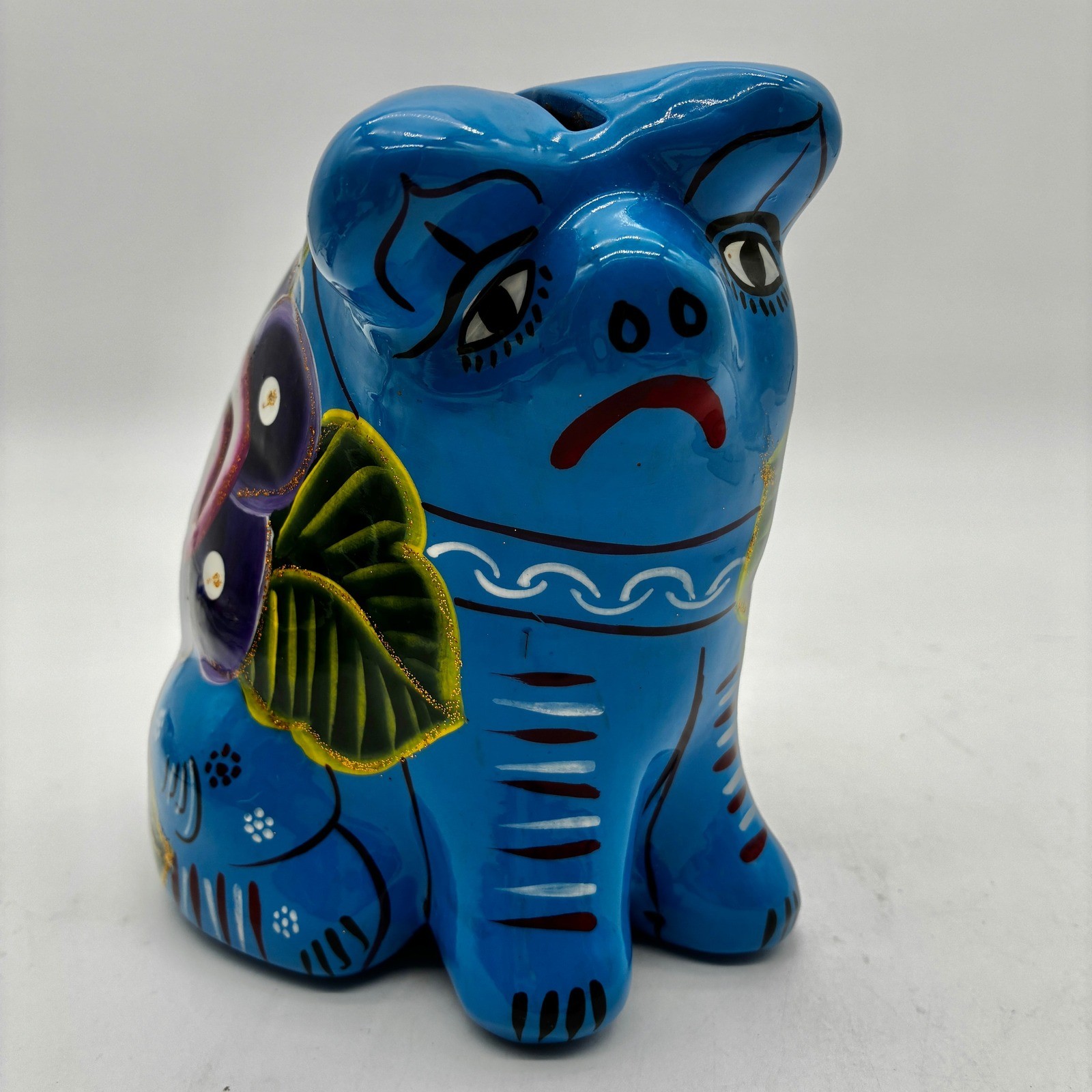Blue Mexican Folk Art Ceramic Piggy Bank Hand Painted Cancun Floral Pottery