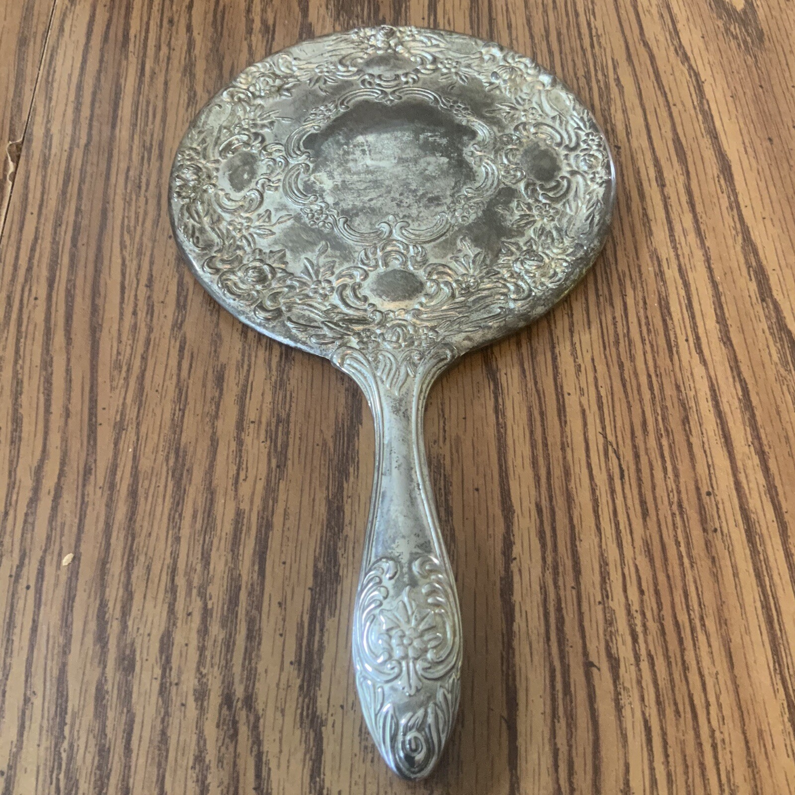 Vtg Detailed Flower Vanity Silver Tone Hand Mirror Antique Design Beauty Old