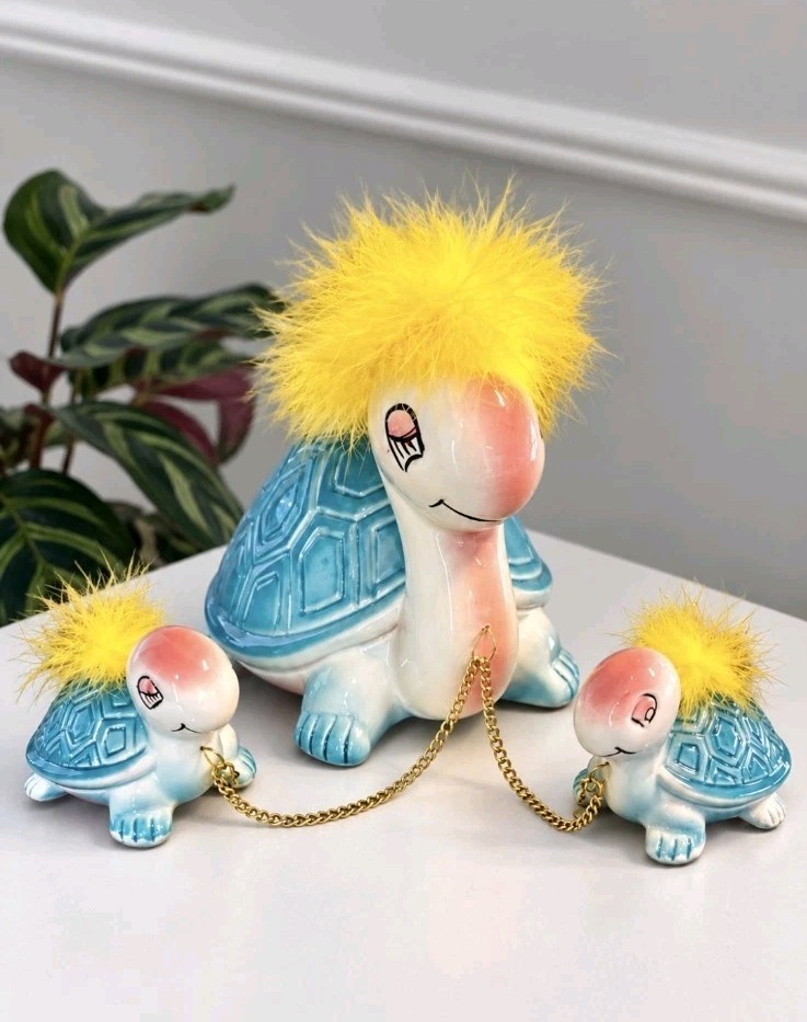 Vintage MCM Chained Turtle Family Set with Yellow Fur Made in Japan Kitsch Vintage MCM Chained Turtle Family Set with Yellow Fur Made in Japan Kitsch