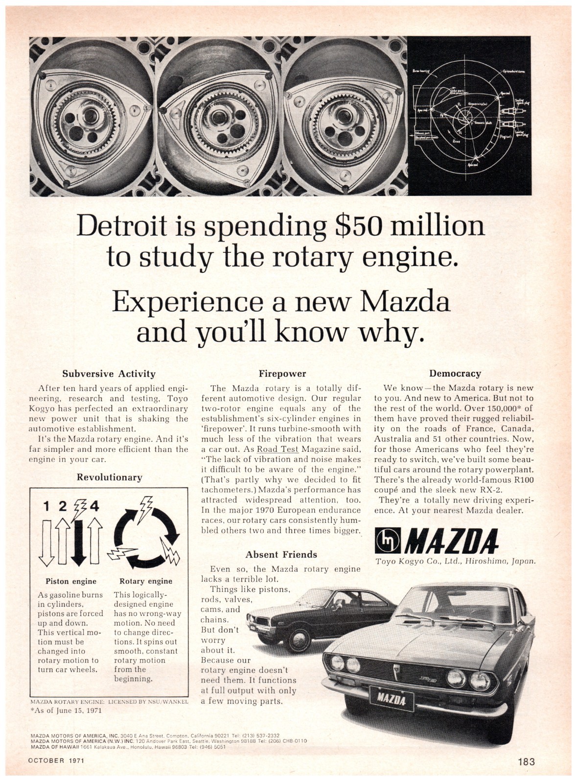 1971 PRINT AD, Mazda Toyo Kogyo Rotary Engine R100 Coupe & RX-2 70\'s Car Ad
