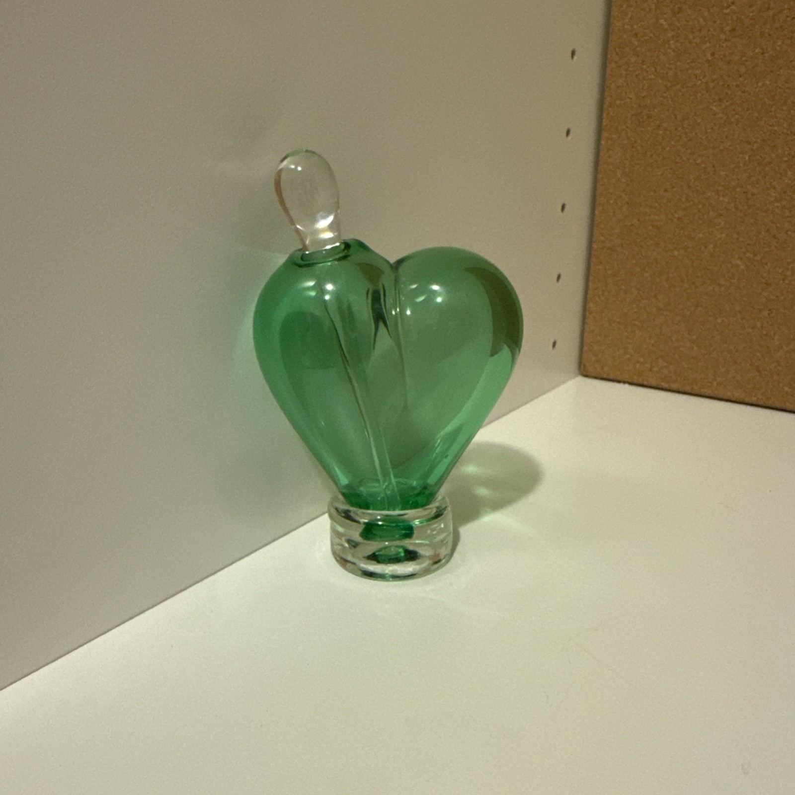 Vintage Noslo Heart Shaped Green Art Glass Perfume Bottle with Stopper signed
