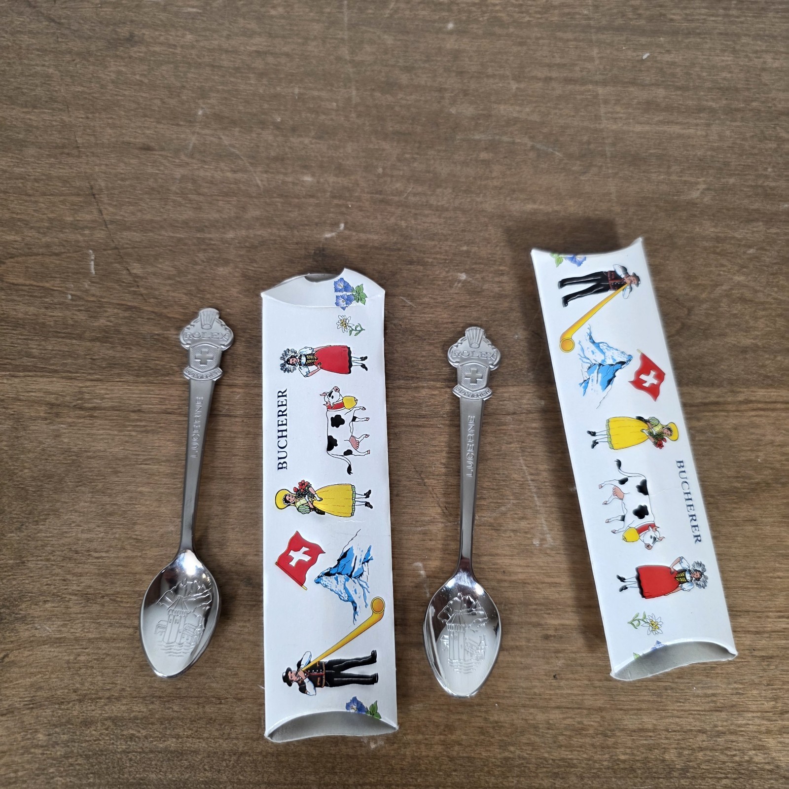 New in Box Bucherer of Switzerland Souvenir Spoons Rolex Original Box Stainless