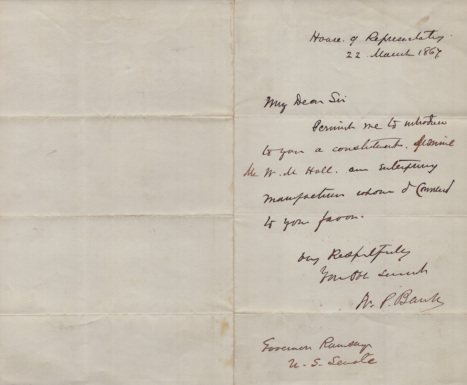 NATHANIEL P. BANKS - AUTOGRAPH LETTER SIGNED 03/22/1867
