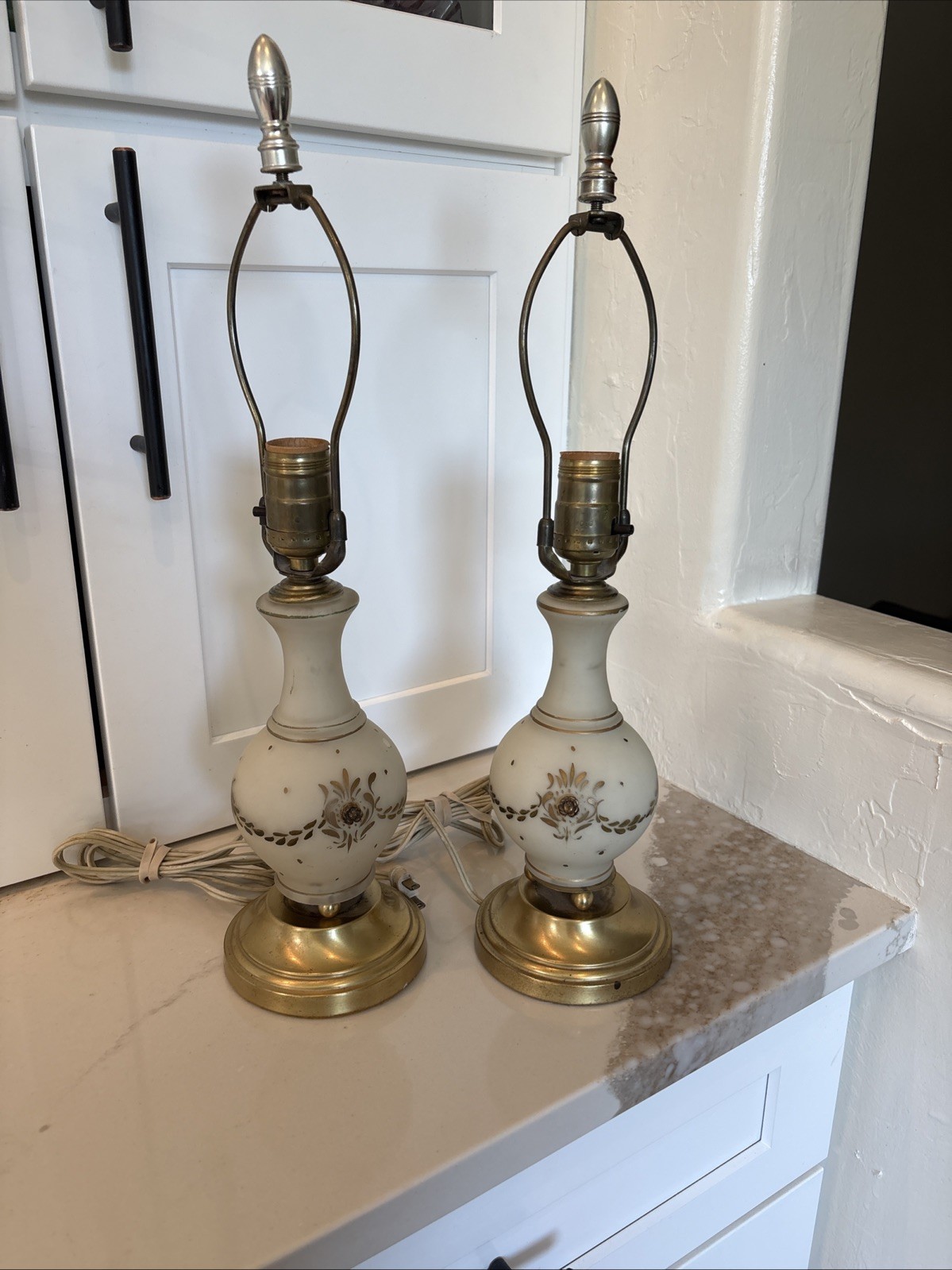 Vintage Lamps Satin Glass Brass Pair Raised Flowers Gold Accent Table Bedside