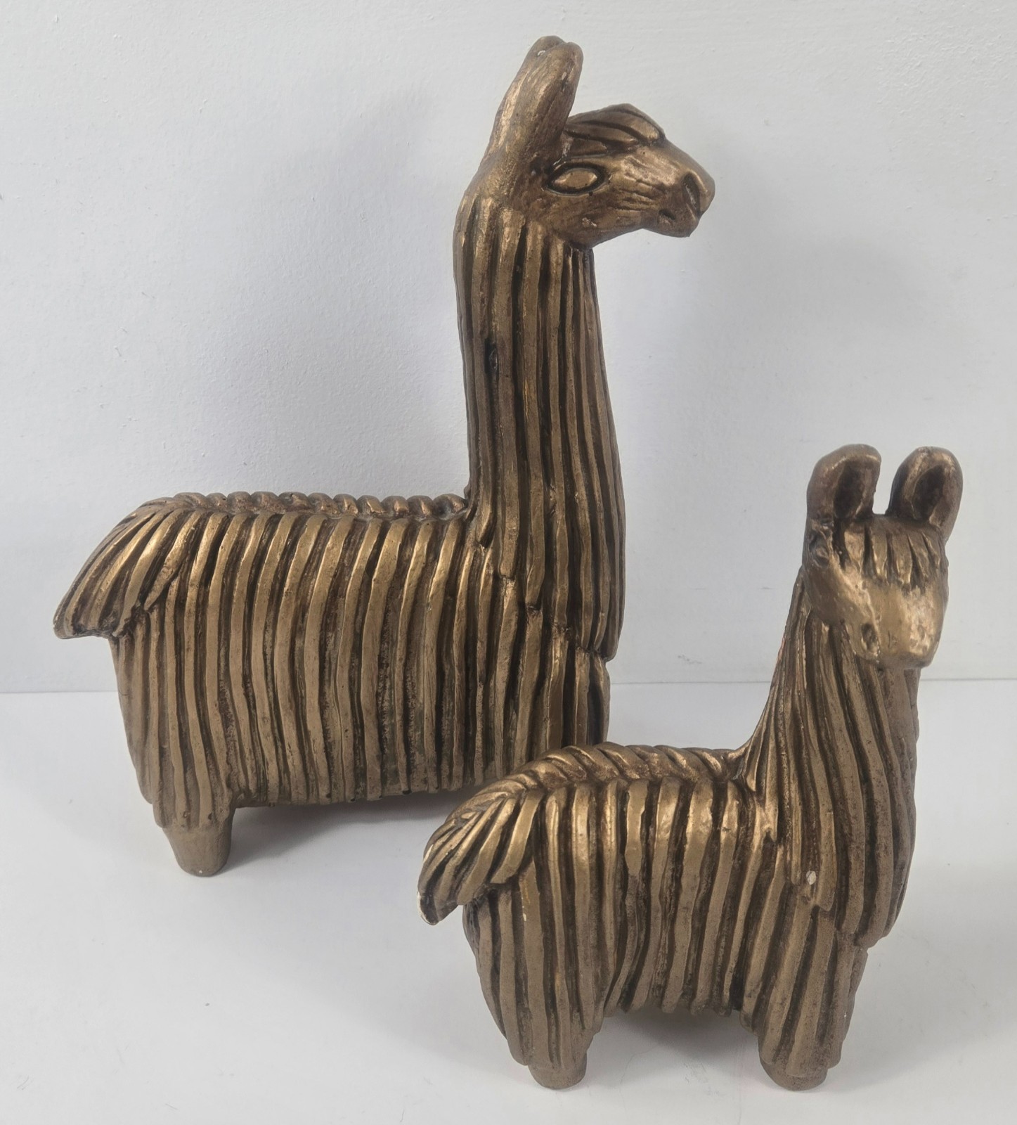 Vtg 2-Pc MCM Mid Century Modern Bryan Gold Ceramic Llama Alpaca Figurine Set