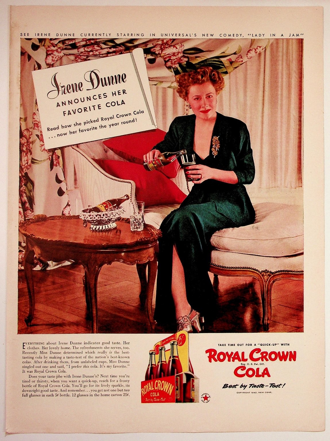 Irene Dunne Royal Crown Cola Vintage 1942 Magazine Ad Hollywood Star Soda Pop
