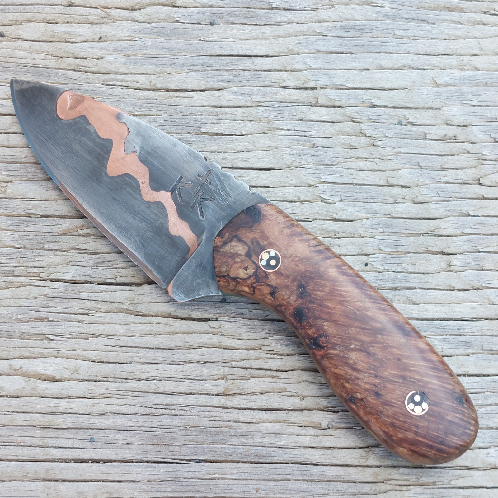 Knife 306 Copper CU Mai Drop Point Mosaic Pins Maple Burl Scales