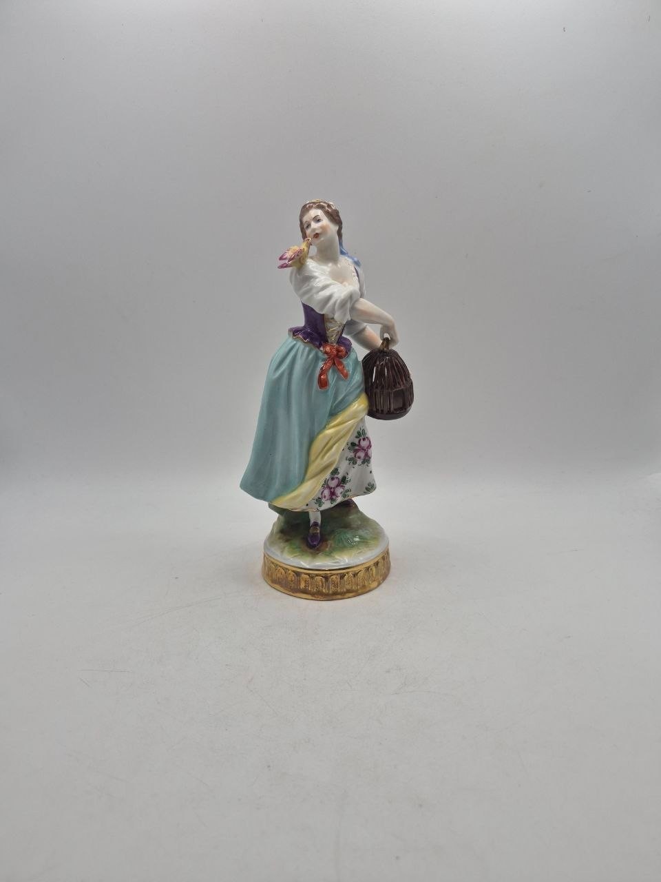 Vintage Aelteste Volkstedt Porcelain Figurine Woman with Bird and Cage 1762 Mark