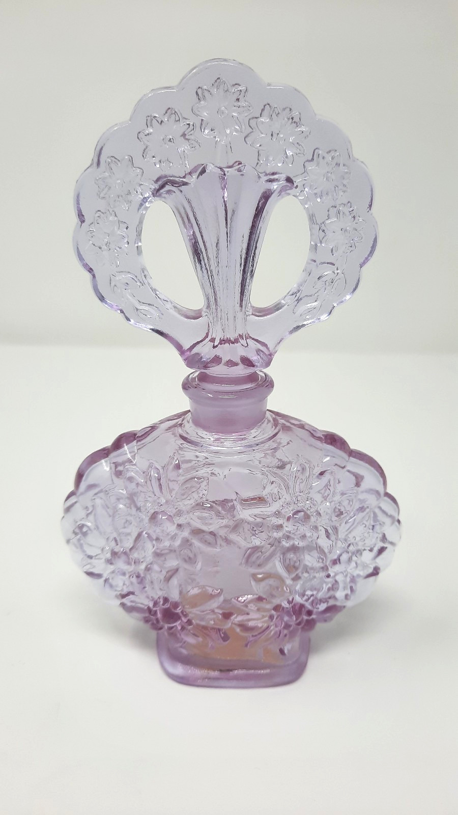 Fenton Lavender Glass Perfume Bottle Fan Stopper Embossed Flowers Original Label