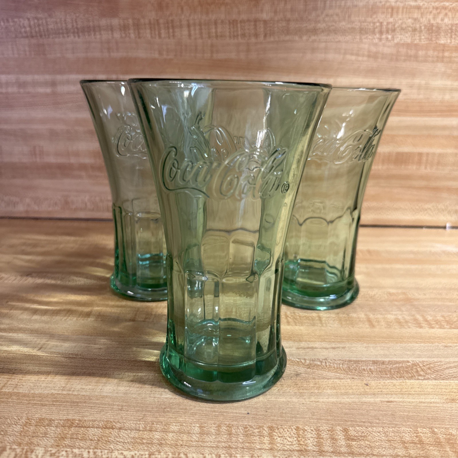 3 Vintage Libbey Coca Cola Glasses Green Flared Heavy 16oz Tumblers 6.5” tall