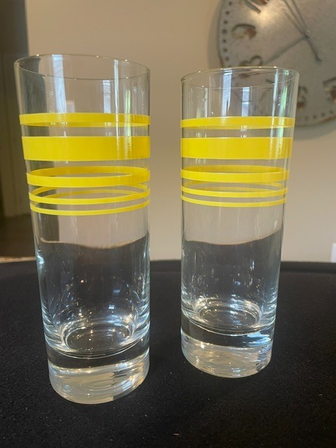 2 Vnt.MCM HighBall Glass Tumblers Clear W Yellow Bands 16oz 6.5\