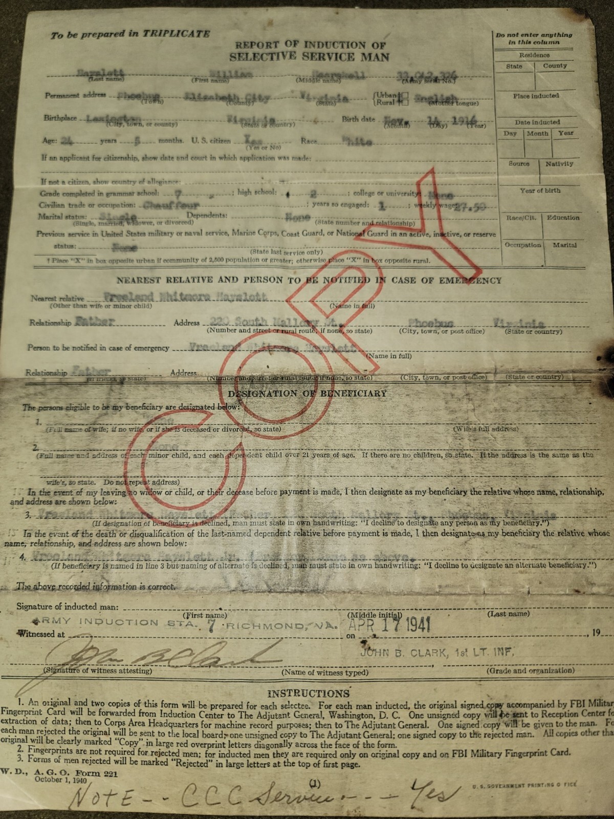 WWII US Army Induction Paper Named to William Hearskell Hayslett