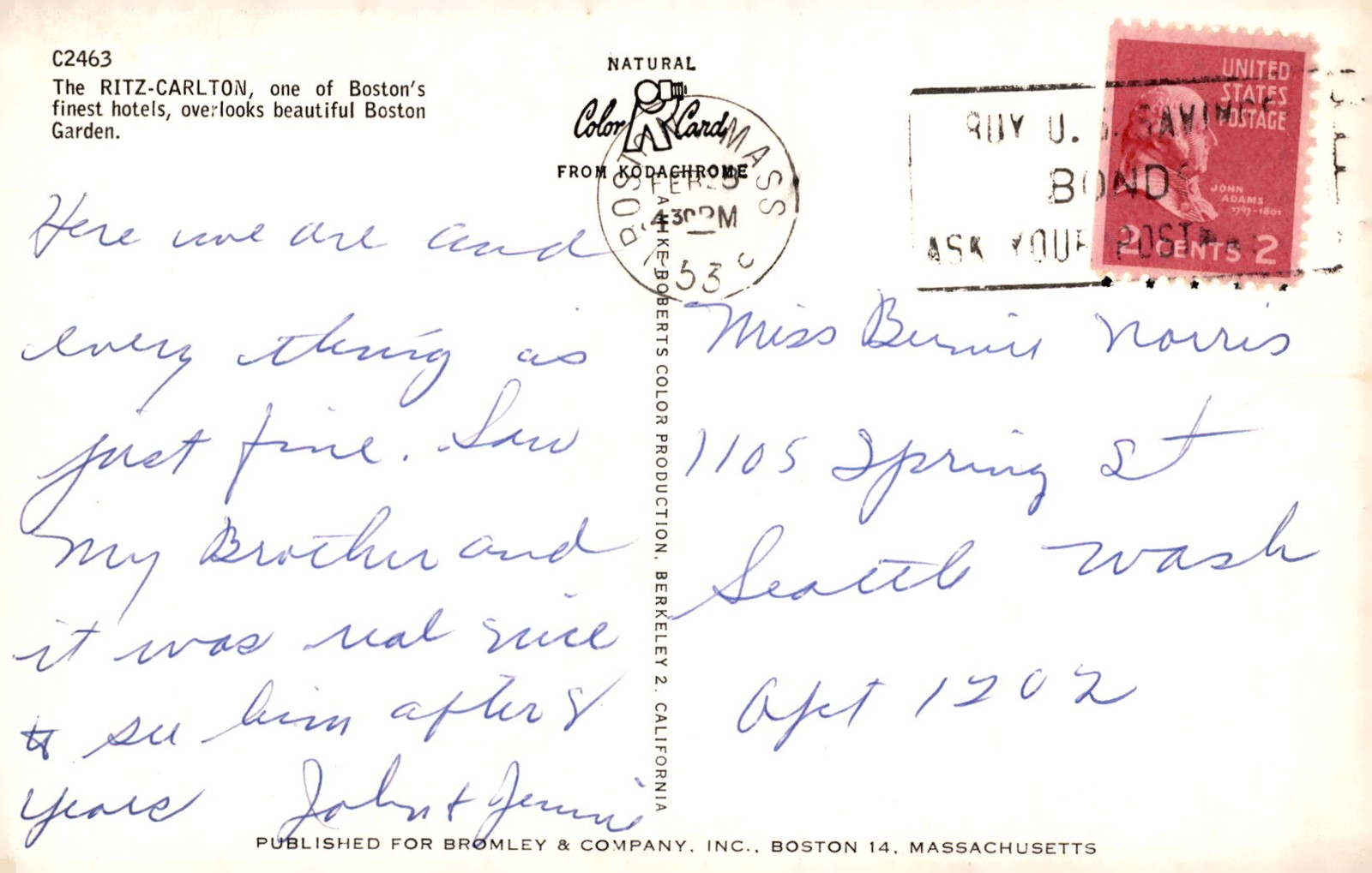 RITZ-CARLTON Hotel, Boston Garden View, John Adams Stamp, 1797-1801 Postcard