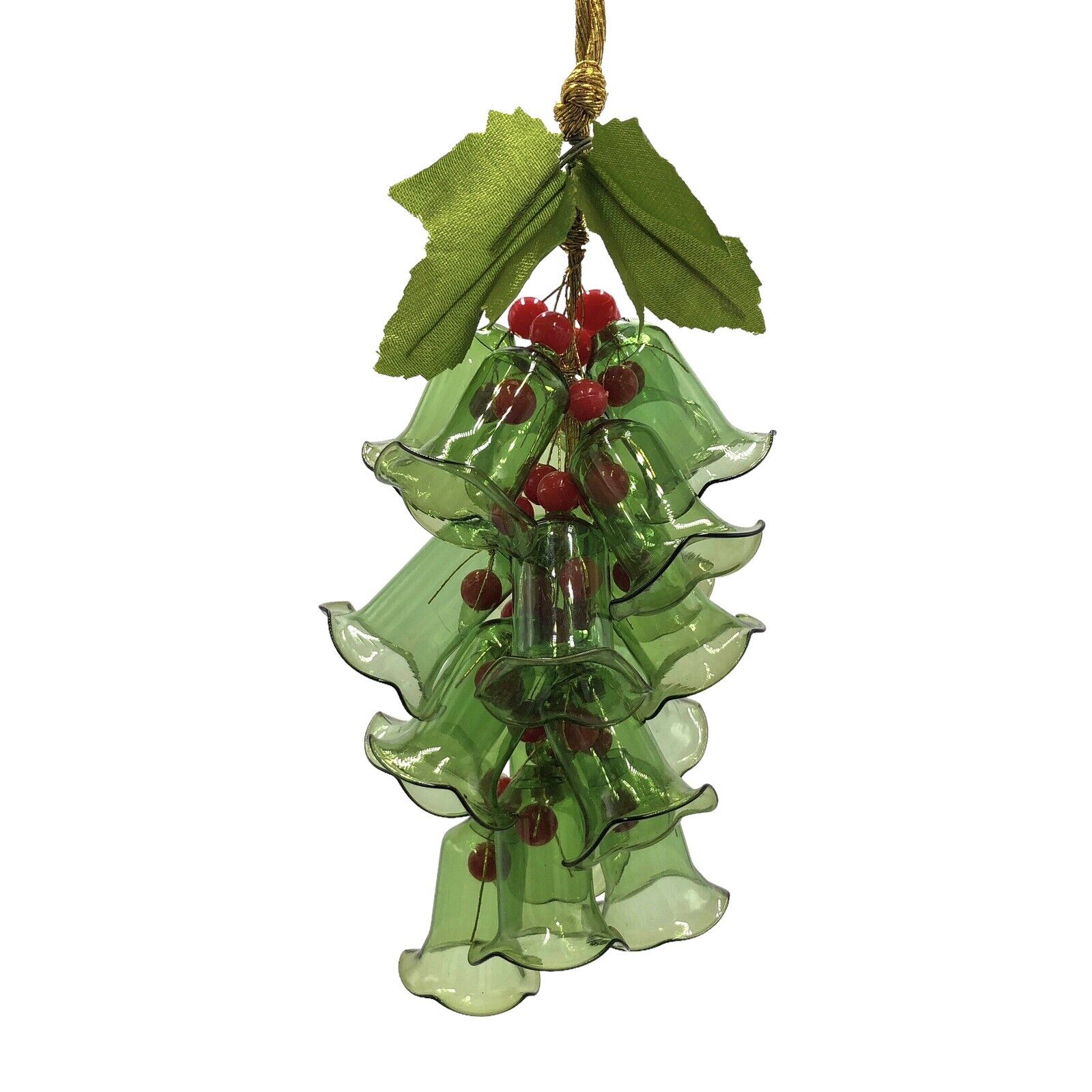 Vintage Green Glass Bells Holly Berry Mistletoe Hanging Christmas Decoration 9”