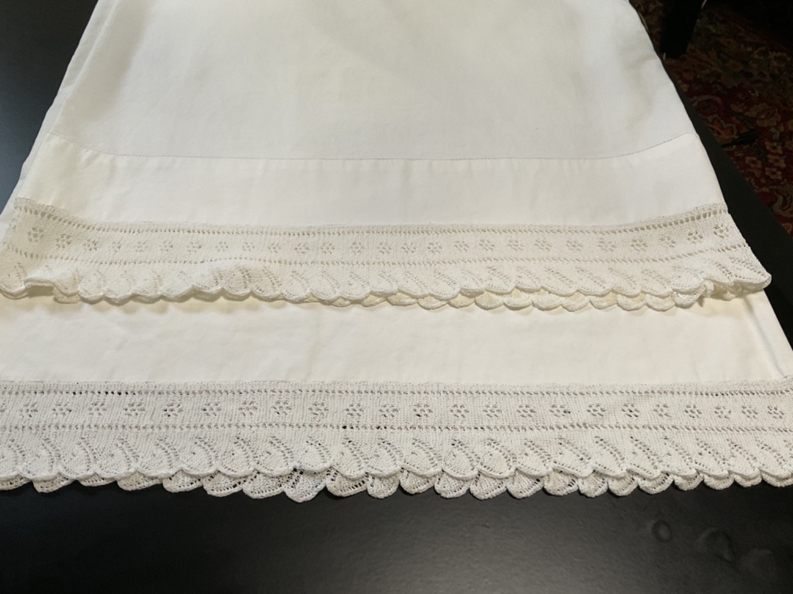Set of Two Vintage White Pequot Pillowcases Crochet Lace Trim 33” x 21”