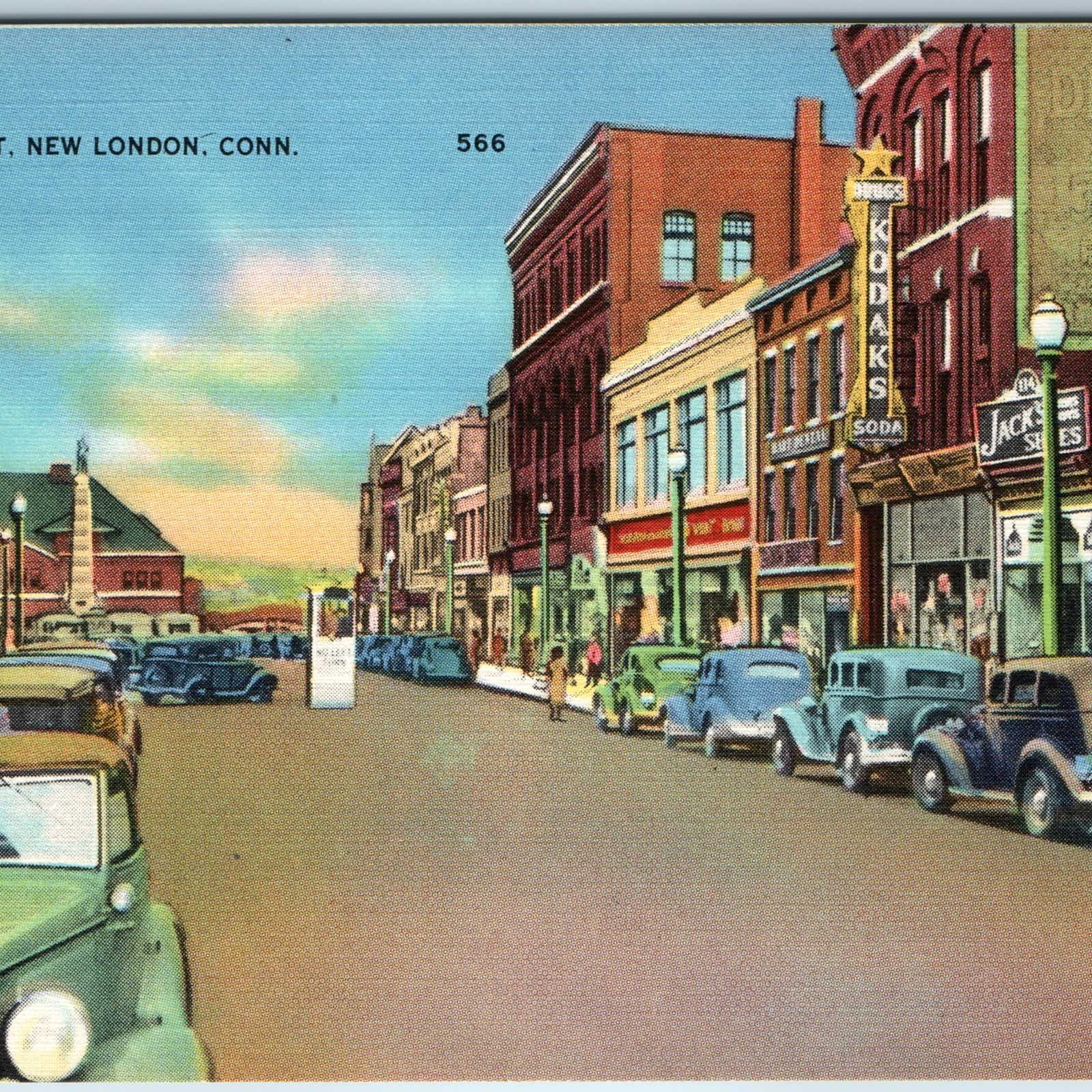 c1930s New London, CT State Street Downtown Postcard Vintage Cars Kodak Signs