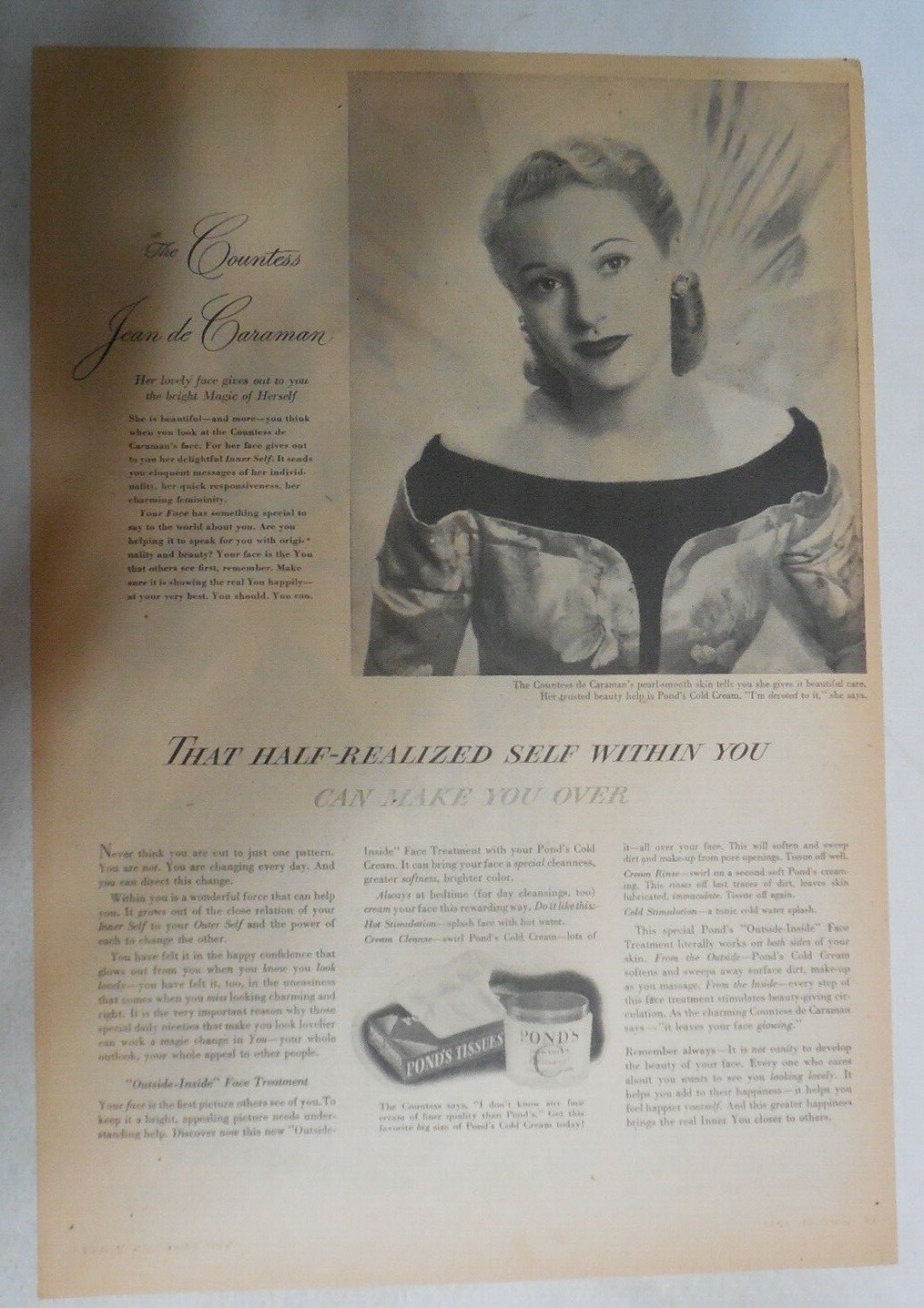 Pond\'s Ad: Countess Jean de Caraman for Pond\'s Cream from 1940\'s 11 x 15 inch