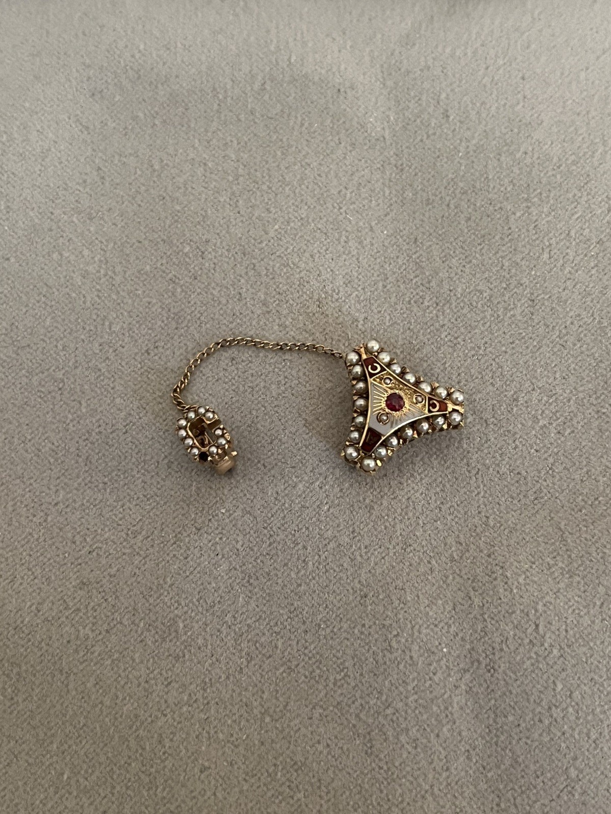 Vintage 14KT yellow gold pearl and synthetic ruby fraternal pin personalized