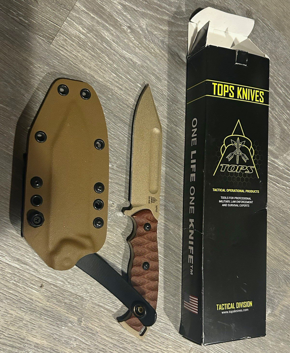 TOPS Knives Tactical Fixed Blade Carbon Steel Drop Point Tan Micarta W/ Sheath