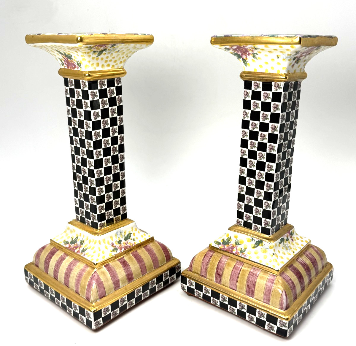 RARE Mackenzie Childs Frank & Mustard Torquay Candlesticks Candle Holders