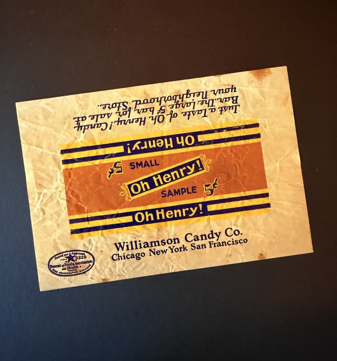 RARE Vintage 20\'s OH HENRY  Williamson Small Sample Chocolate Candy Bar Wrapper