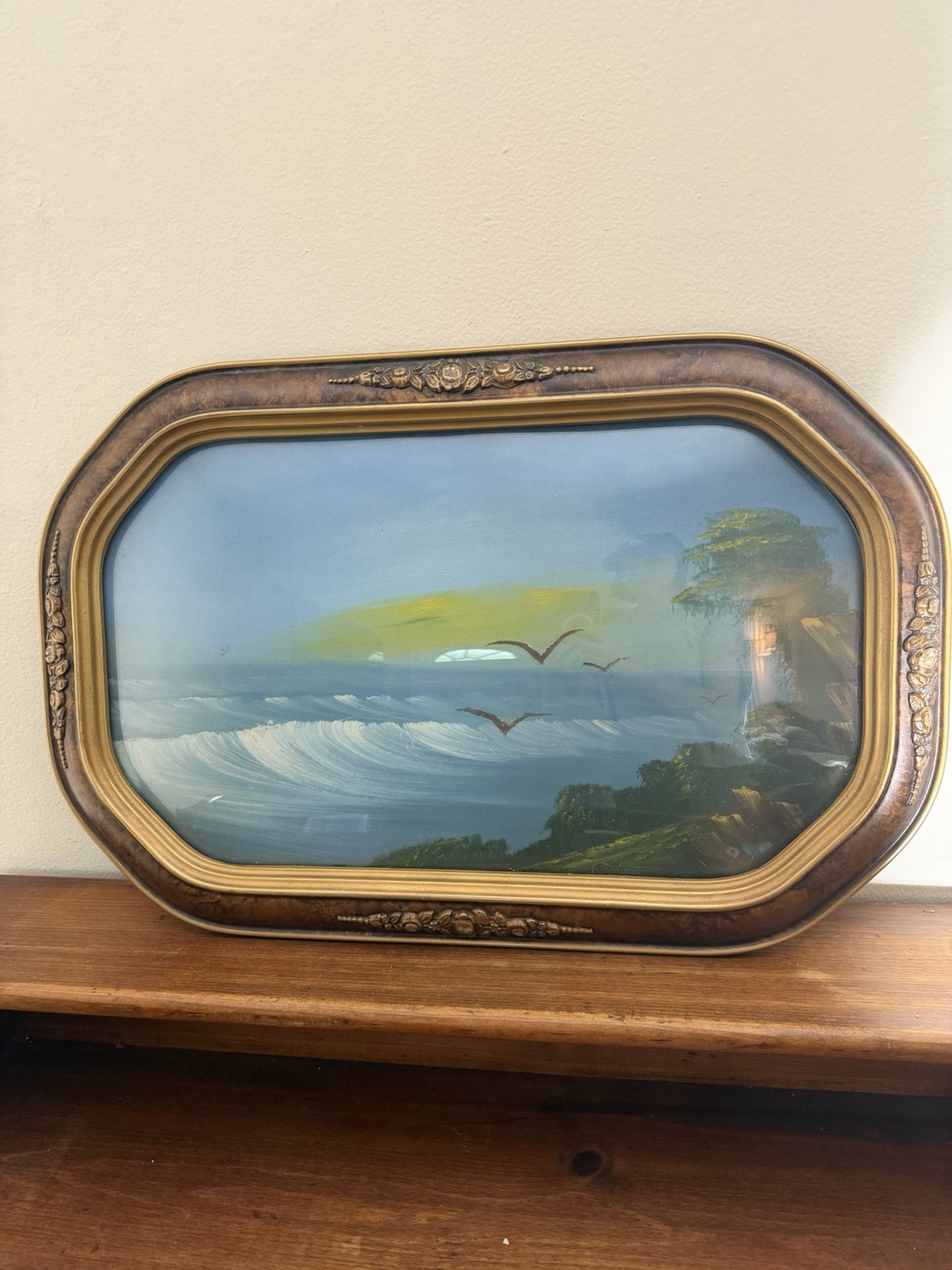 Vintage Coastal Seascape Painting Convex Bubble Glass Ornate Gilt Wood Frame 