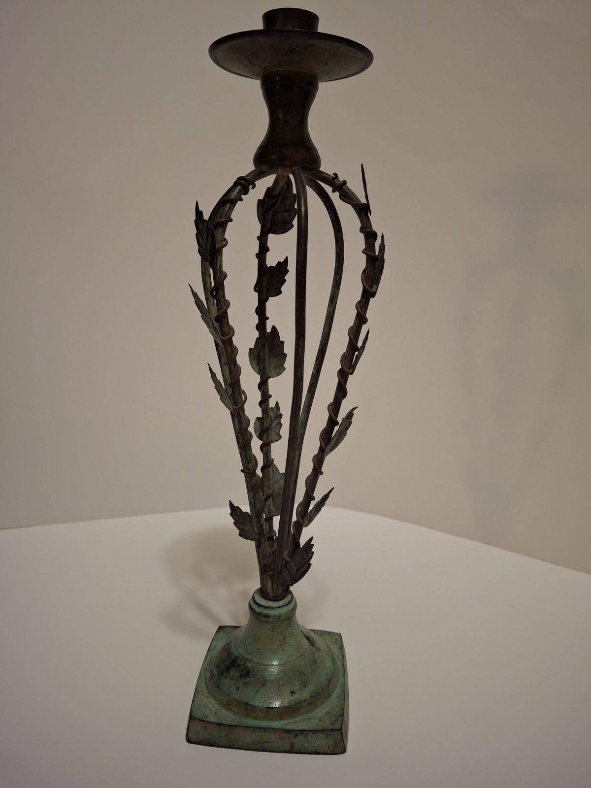 Vintage Green Metal Candlestick Holder W Botanical Leaf Design