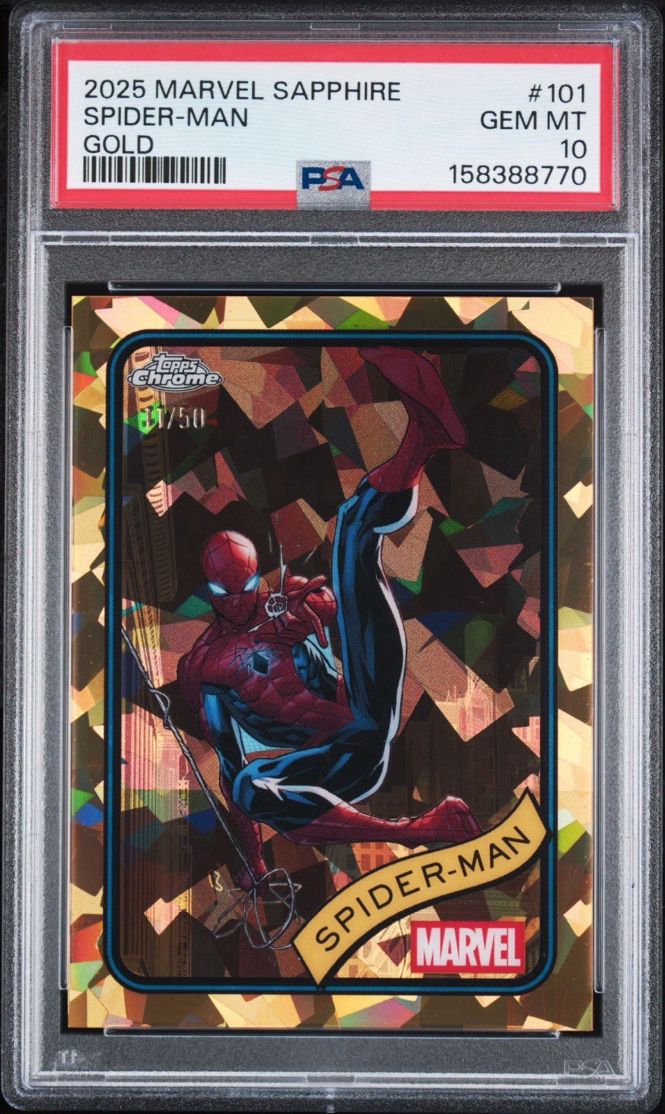 2025 Topps Chrome Marvel Sapphire SPIDER-MAN Gold Sapphire /50 PSA 10 2025 Topps Chrome Marvel Sapphire SPIDER-MAN Gold Sapphire /50 PSA 10