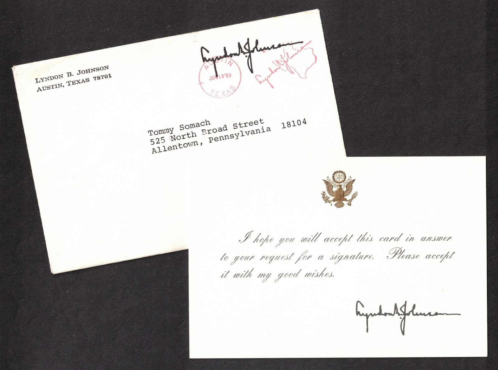 Lyndon B. Johnson U.S. President Original Thank You Card & Envelope Dated 1969